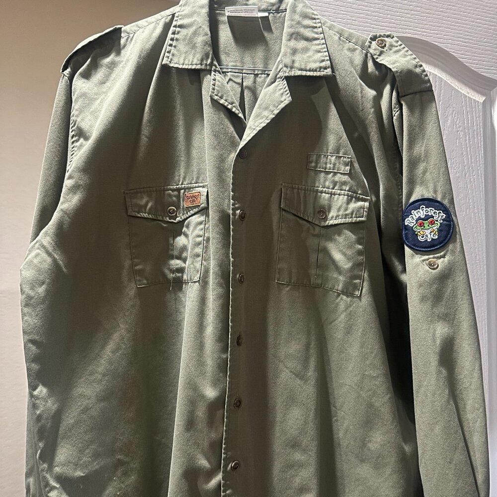 Rainforest Cafe Olive Green Utility Work Shirt – Logo Patch & Embroidered Frog